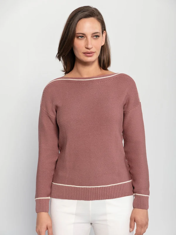 Blusa Manga Longa Decote Canoa Com Listra Marrom Rosado / G