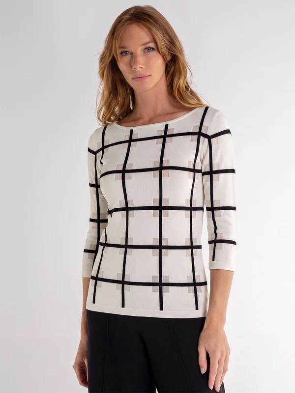 Blusa Manga 3/4 Quadriculada Branco / GG