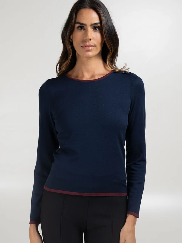 Blusa Manga Longa com Detalhes Bicolor e Botões Azul Marinho Escuro / M
