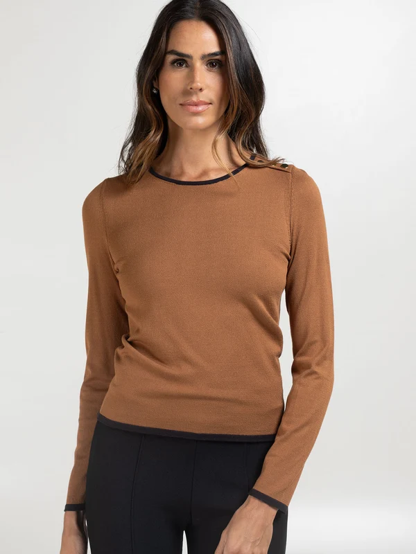Blusa Manga Longa com Detalhes Bicolor e Botões Camel / PP