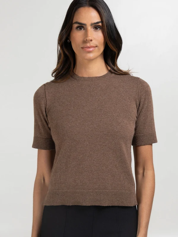 Blusa Manga Curta Lã Merino e Cashmere Marrom Cacau / G