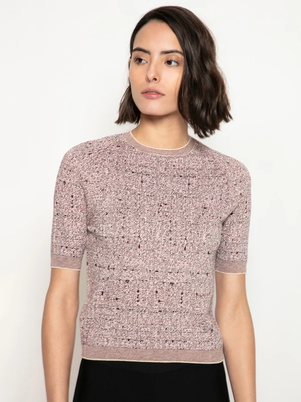 Blusa Manga Curta Jacquard Tweed Rosa Mescla / PP