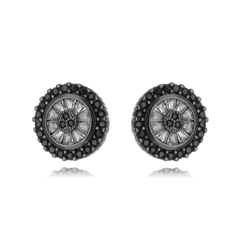 Brinco pizza pequeno zirconias brancas e pretas em rodio negro semijoias