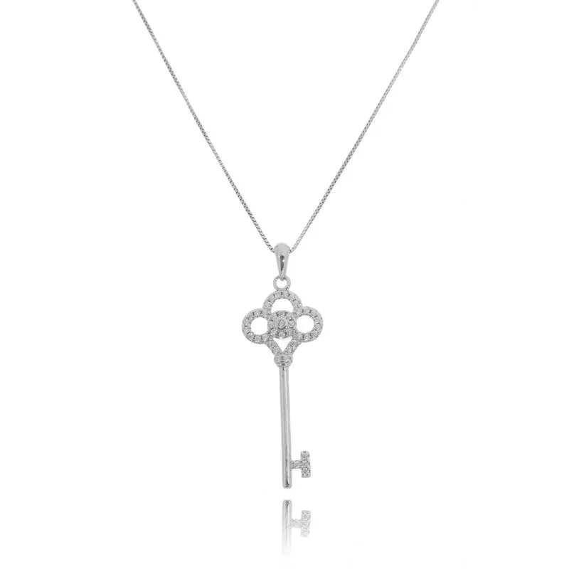 Colar pingente chave pequeno cravejado zirconias rodio semijoias