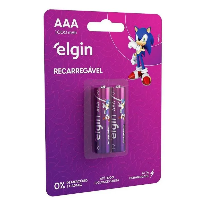 10x 02 Pilhas Aaa 1000mah Recarregável Elgin 01 Cart. Com 2