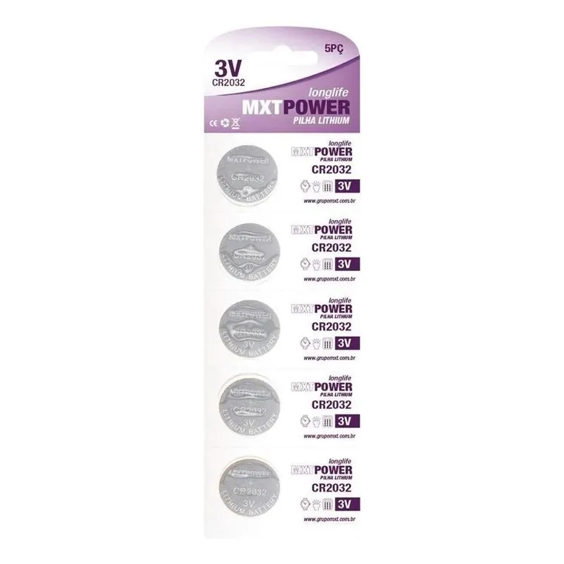 10x Pilha Bateria Lithium Cr2032 3v Mxt Power Cartela Com 5