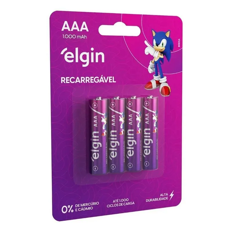 10x Pilha Recarregável Aaa Palito 1000mah Elgin Blister C/4
