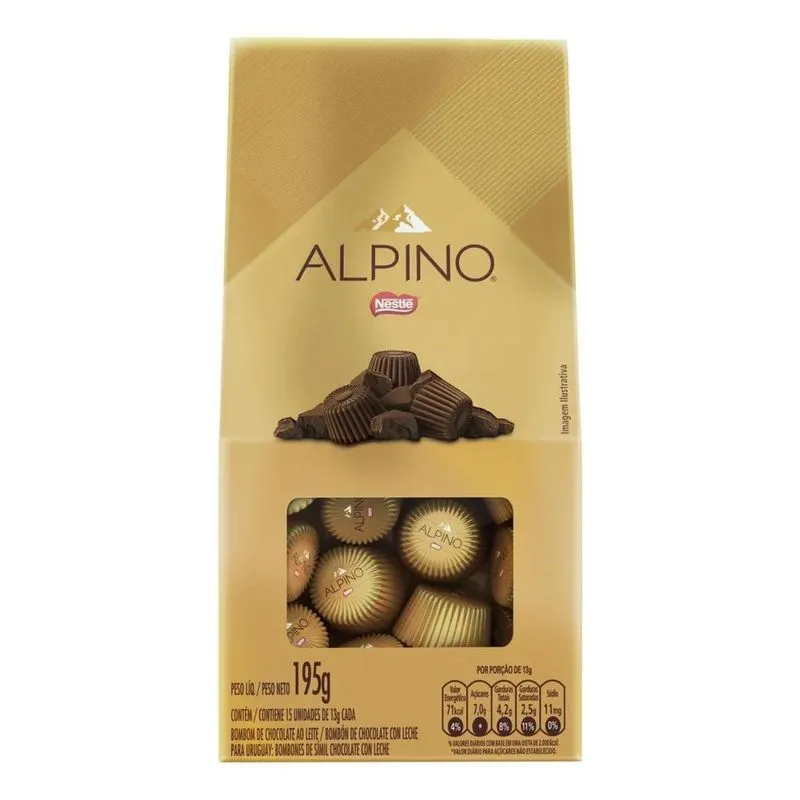 10x Bombom De Chocolate Ao Leite Alpino Caixa 195g E 15 Uni