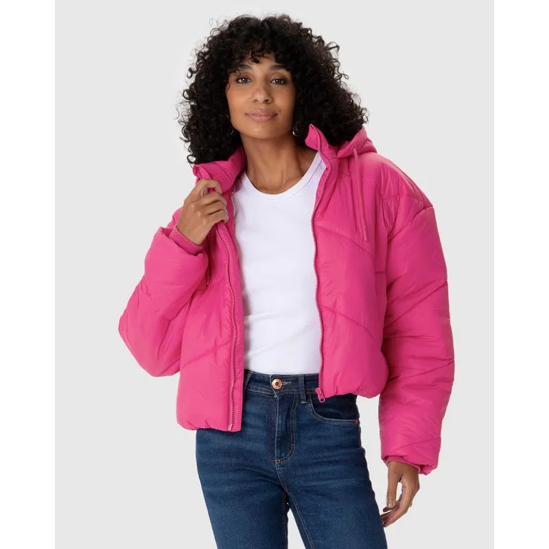 Jaqueta Feminina Puffer Cropped Com Capuz Em Nylon Rosa - GG