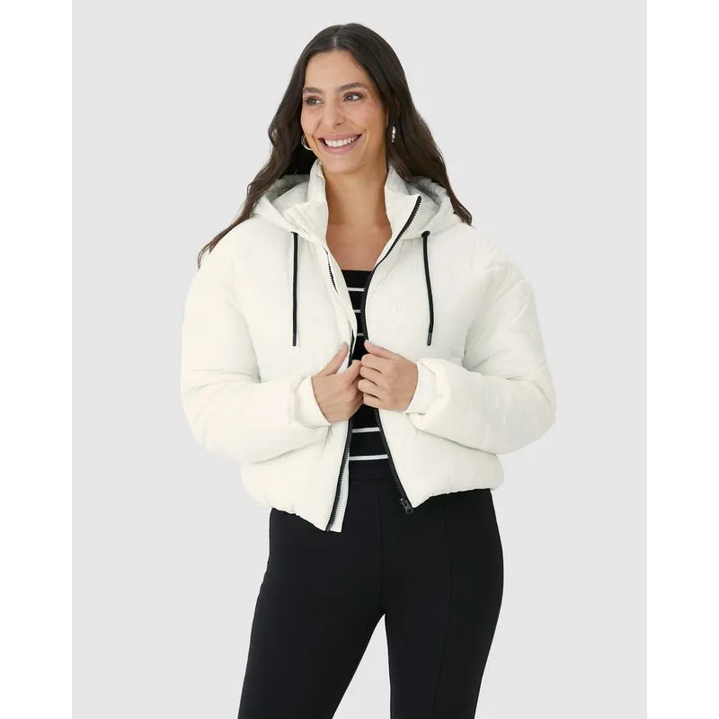 Jaqueta Feminina Puffer Cropped Com Capuz Em Nylon Off White - P