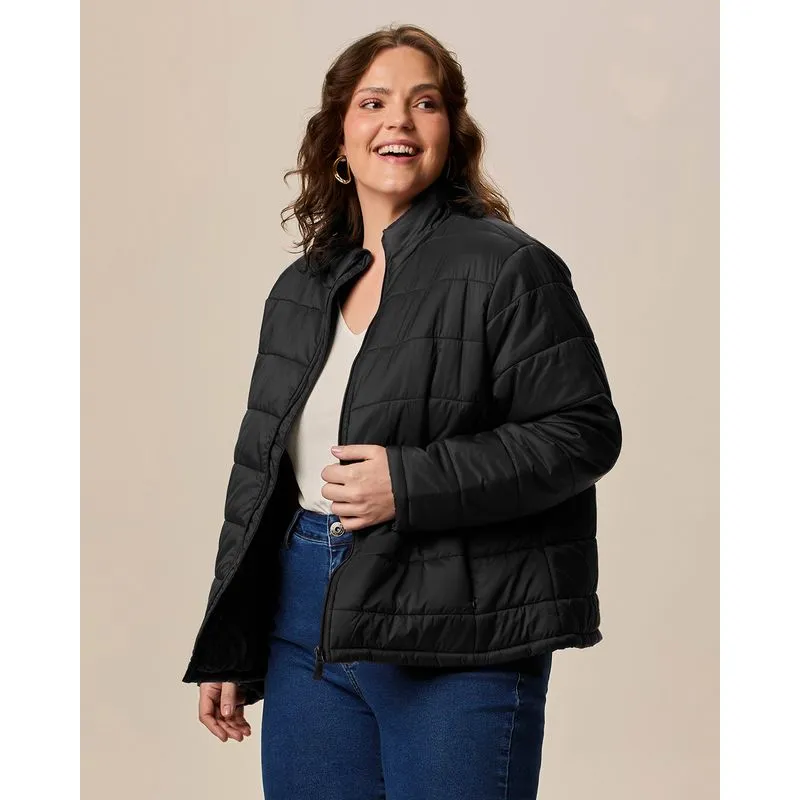 Jaqueta Básica Feminina Plus Size Puffer Gola Alta Em Nylon Preto - G5