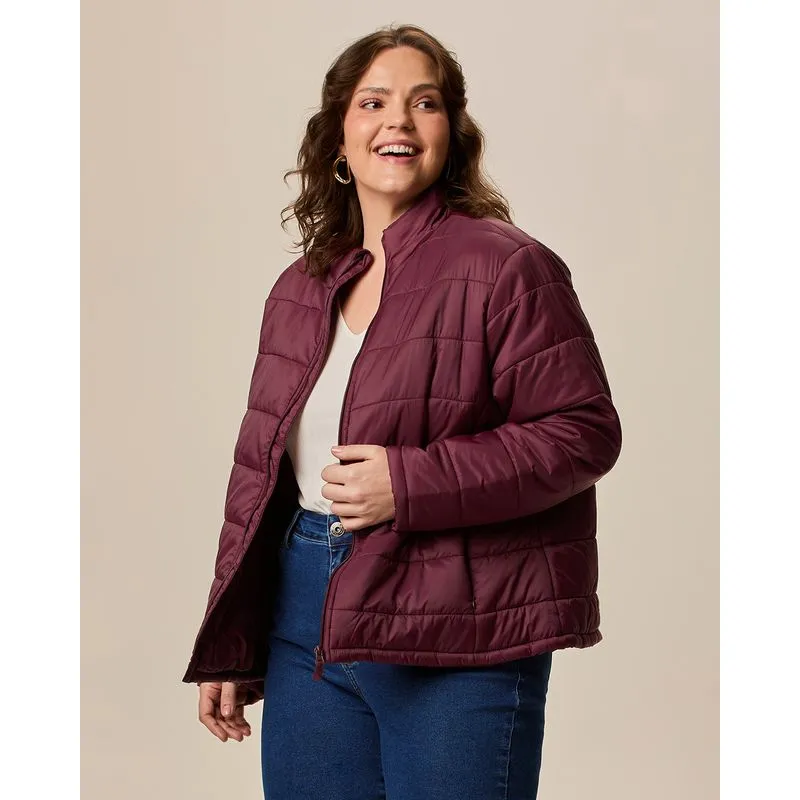 Jaqueta Básica Feminina Plus Size Puffer Gola Alta Em Nylon Vermelho - G5