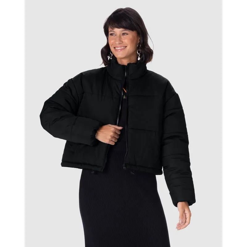 Jaqueta Puffer Feminina Cropped Gola Alta Em Nylon Preto - M