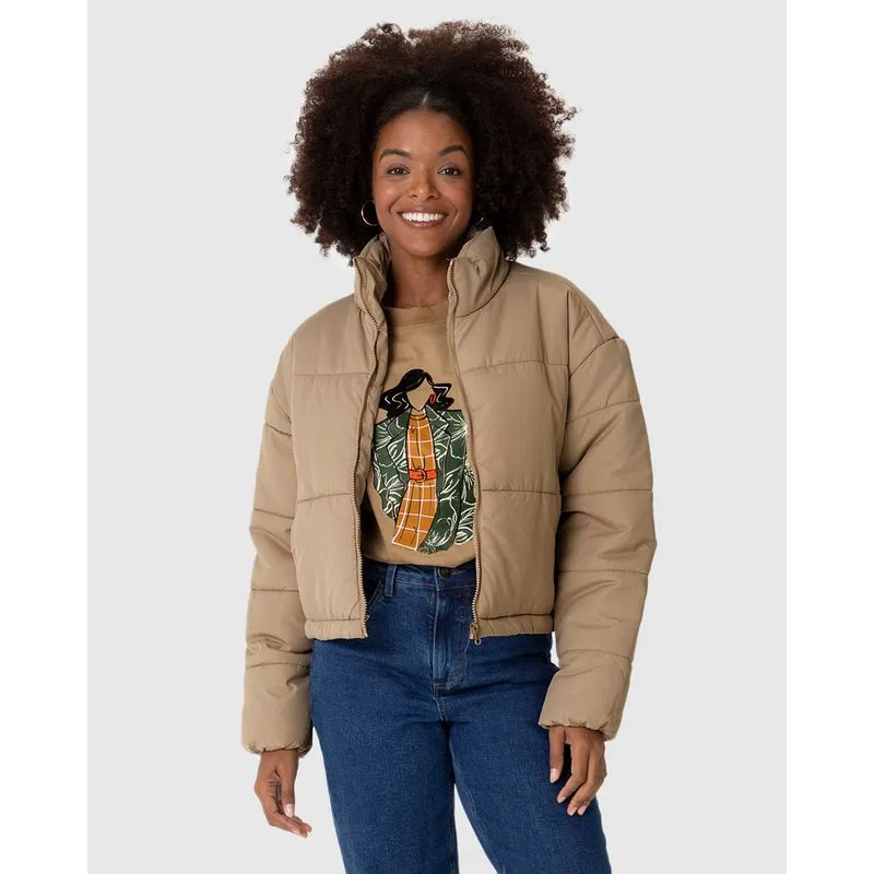 Jaqueta Puffer Feminina Cropped Gola Alta Em Nylon Marrom - M