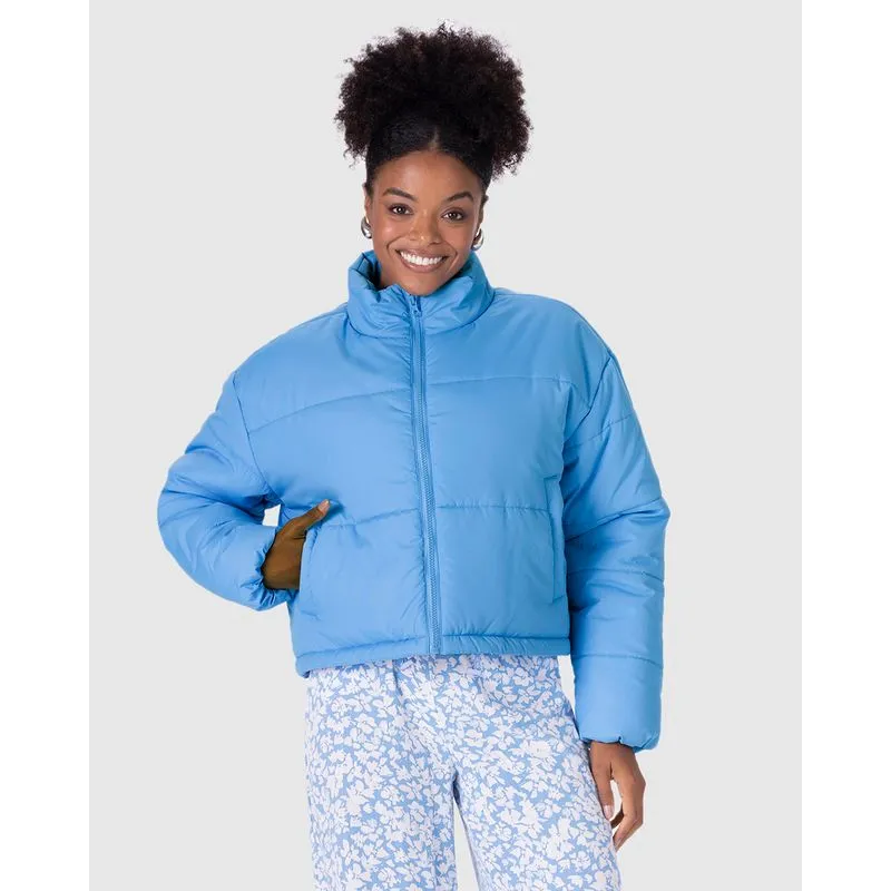 Jaqueta Puffer Feminina Cropped Gola Alta Em Nylon Azul - P