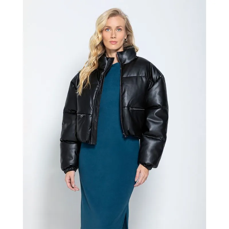 Jaqueta Puffer Feminina Gola Alta Em Corino - ENFIM Preto - P