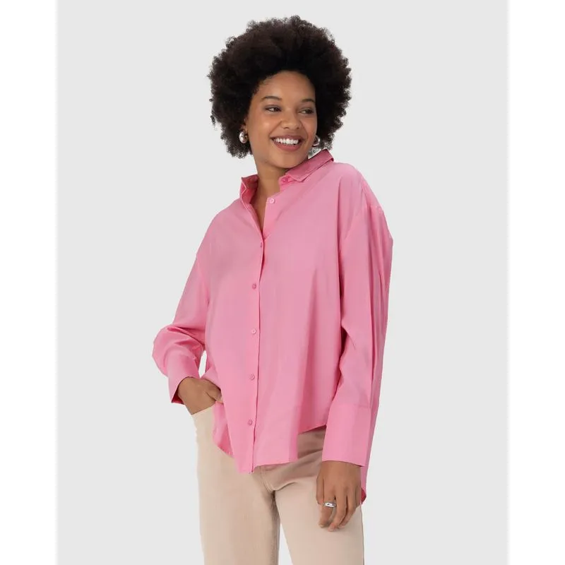 Camisa Feminina Barra Arredondada Em Tecido Acetinado Rosa - G