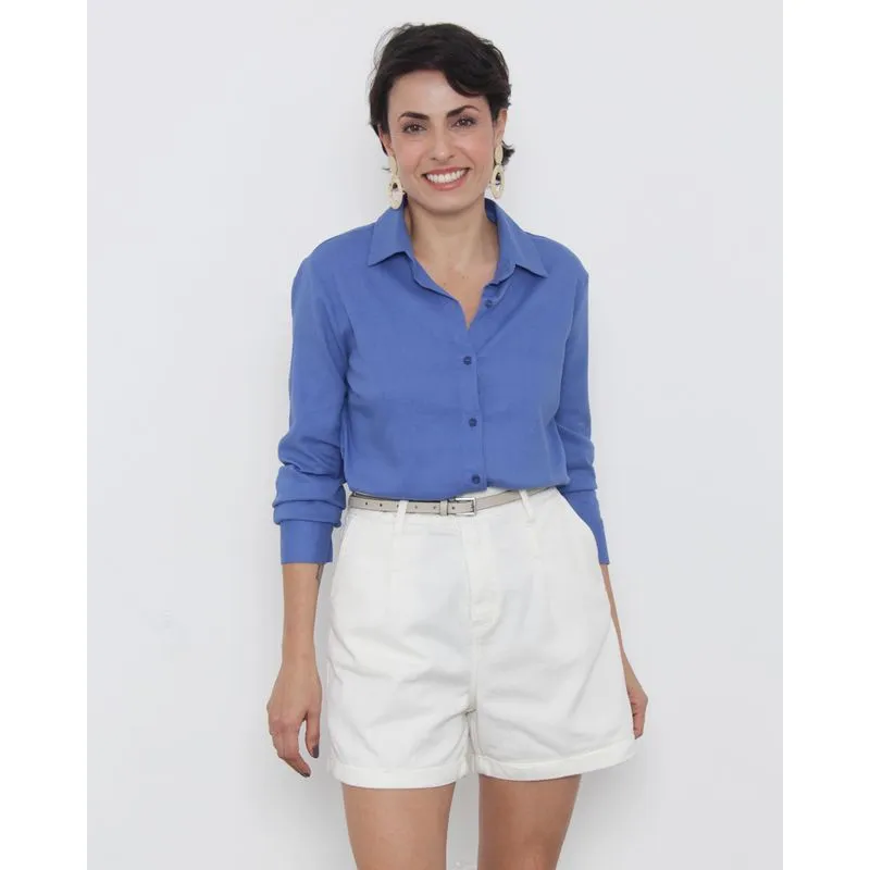 Camisa Feminina Berry & Co. Manga Longa Linho Azul GG