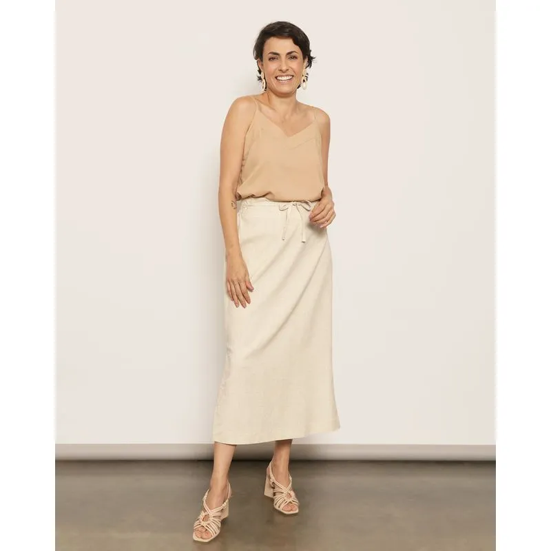 Saia Feminina Berry & Co. Midi Viscolinho com Fenda Bege GG
