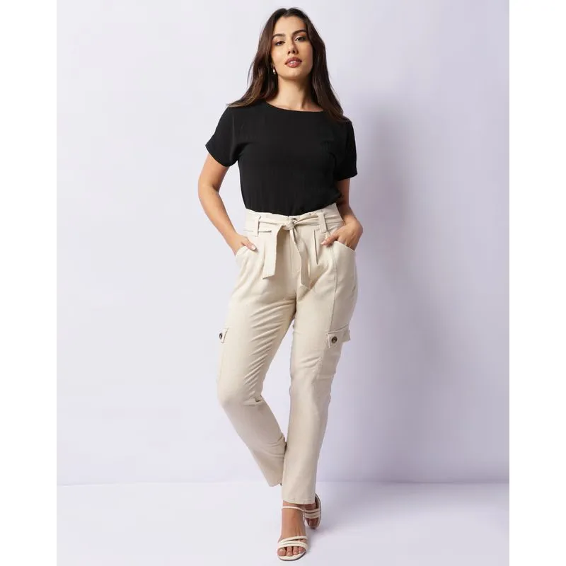Calça Feminina Berry & Co. Viscolinho Com Bolso Cargo Bege M