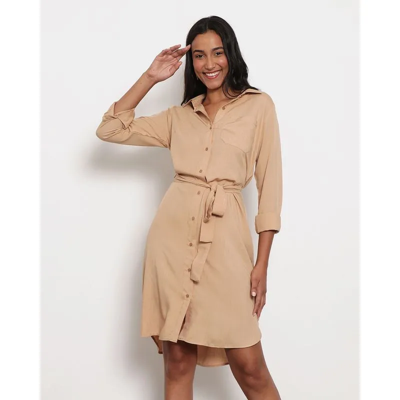 Vestido Feminino Berry & Co. Chemise Curto com Botões Bege G