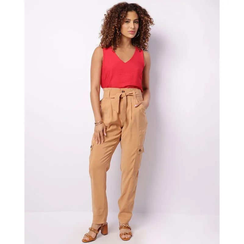 Calça Feminina Berry & Co. Reta Bolso Cargo Viscose Bege G