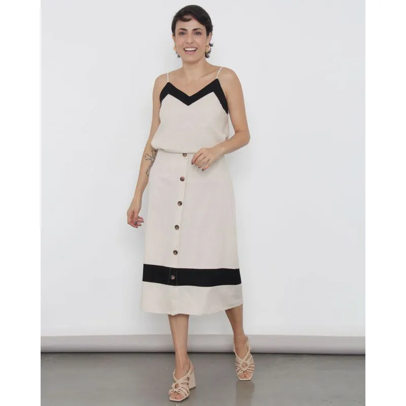 Saia Feminina Midi Linho com Botões Decorativo Bege GG