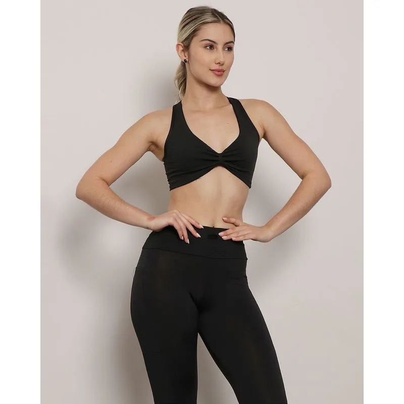 Top Feminino Fitness Fitter Texturizado Franzido Preto GG