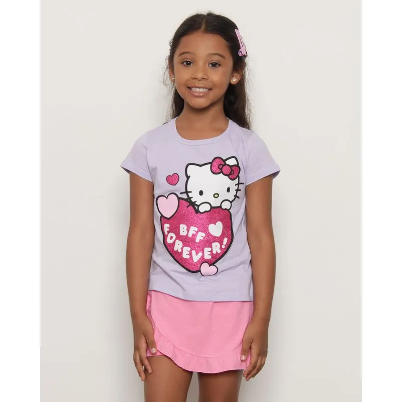 Camiseta Infantil Manga Curta Estampa Hello Kitty Lilás 10