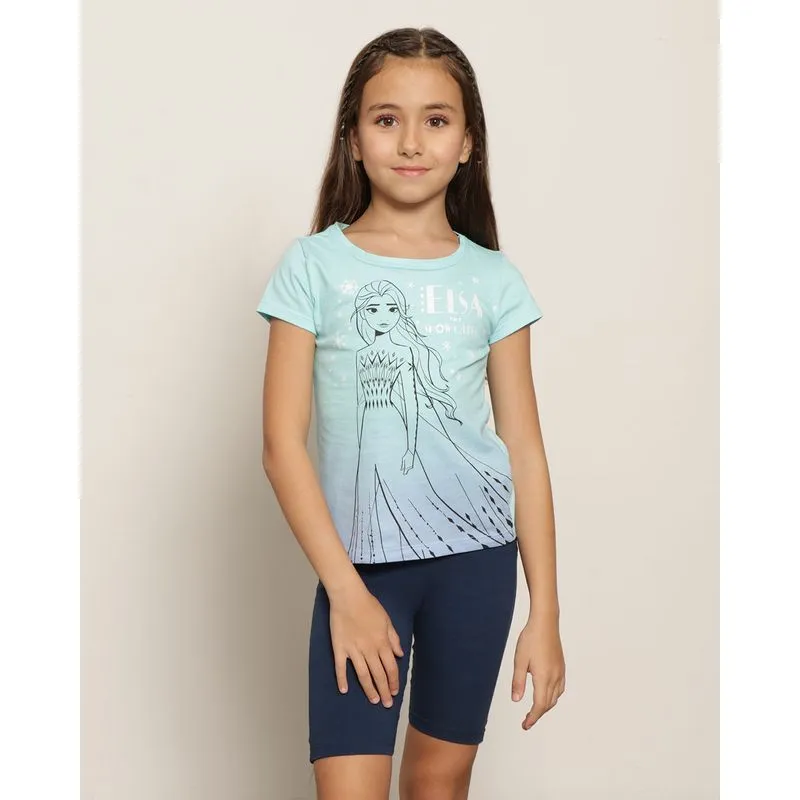 Camiseta Infantil Menina Disney - Elsa Frozen Estampa Frente Manga Curta Gola Redonda Azul 10