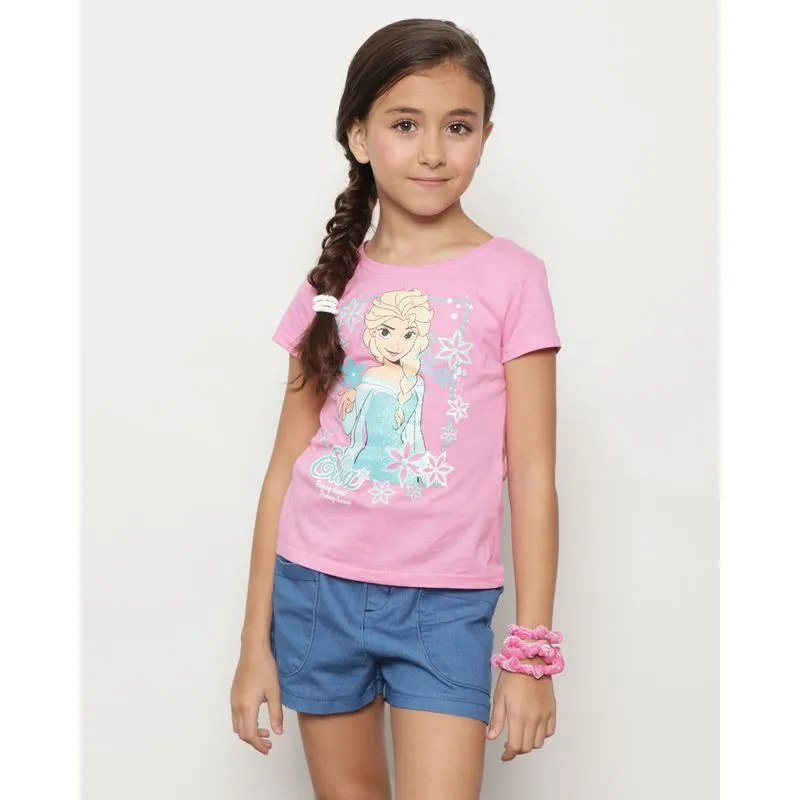 Camiseta Infantil Manga Curta Disney Estampa Frozen Rosa 4