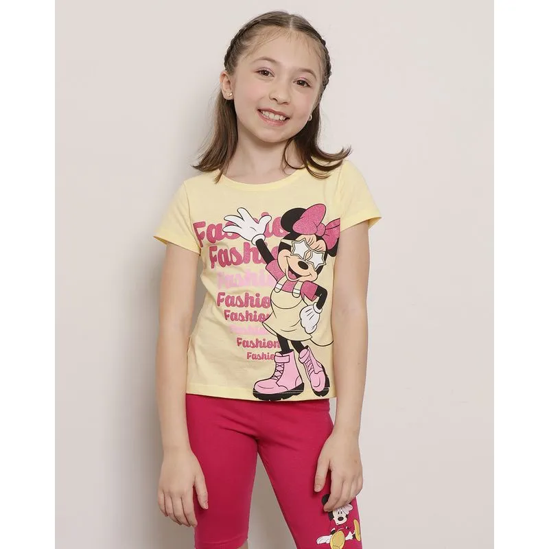 Camiseta Infantil Manga Curta Estampa Glitter Minnie Disney Amarela 10