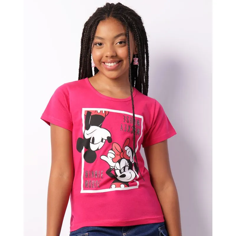 Camiseta Juvenil Disney Minnie E Mickey Manga Curta Rosa 12