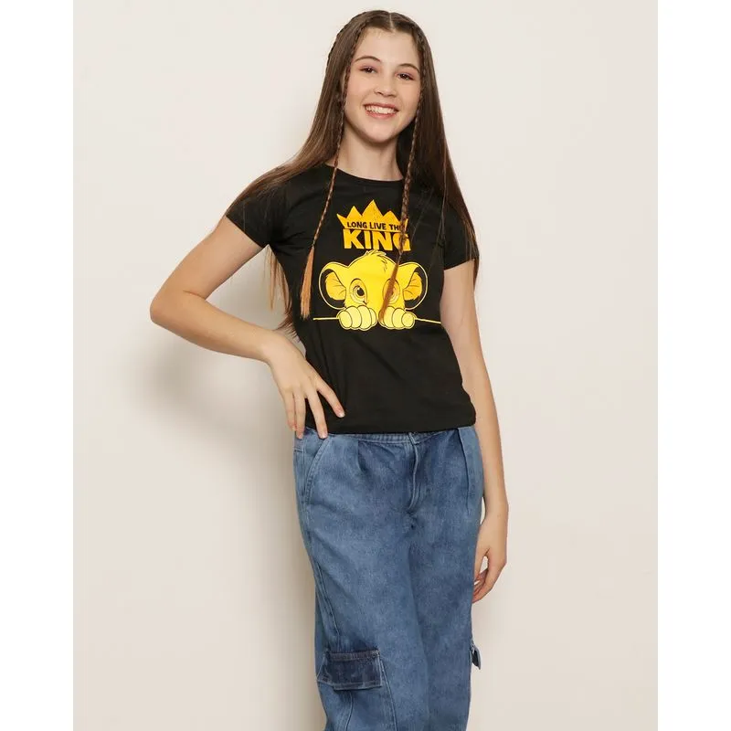 Camiseta Juvenil Menina Disney Estampa Simba Manga Curta E Gola Careca Preta 12