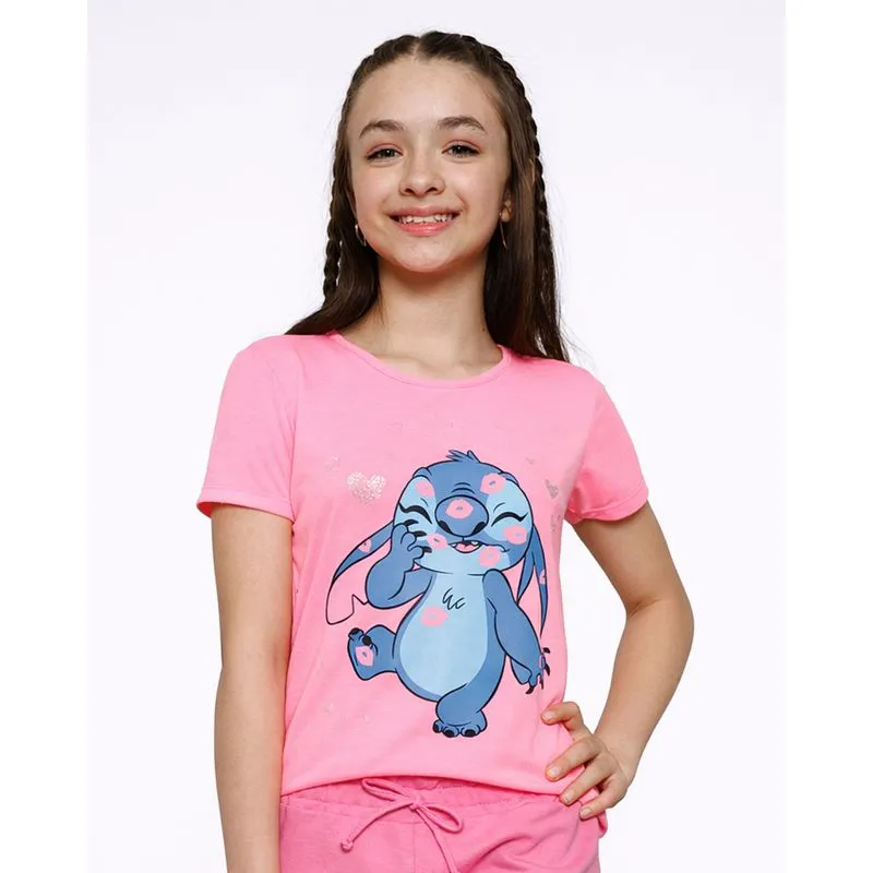 Camiseta Juvenil Menina Disney Stitch Estampa Frontal Rosa Neon 10