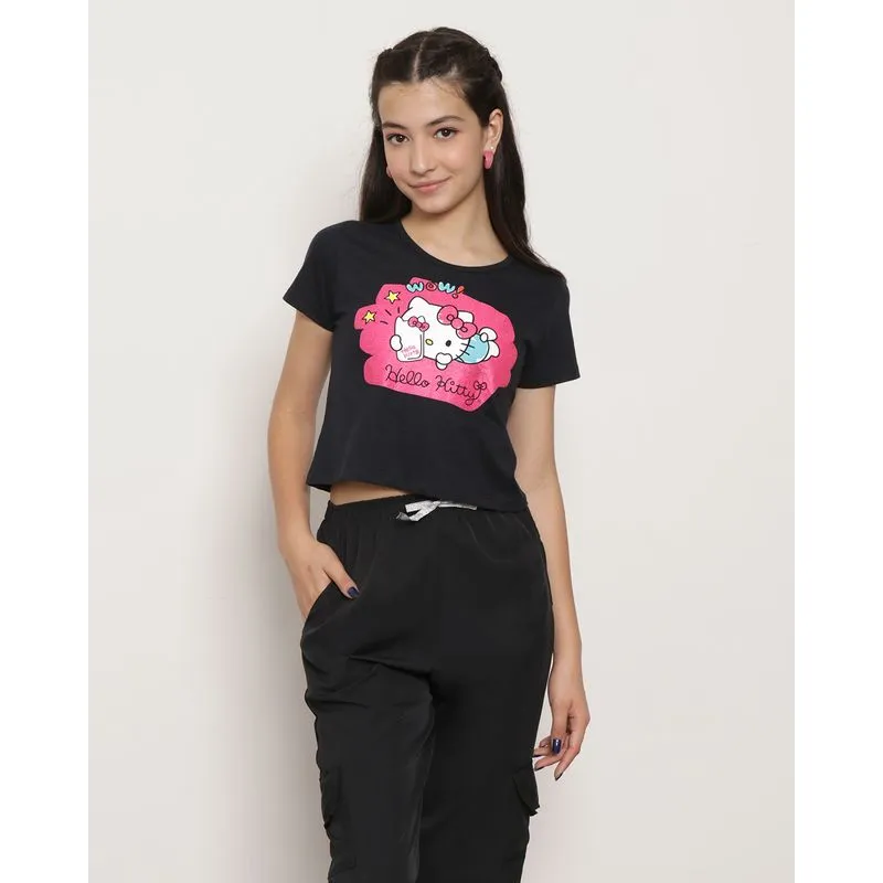 Camiseta Manga Curta Cropped Estampa Hello Kitty Preta 16