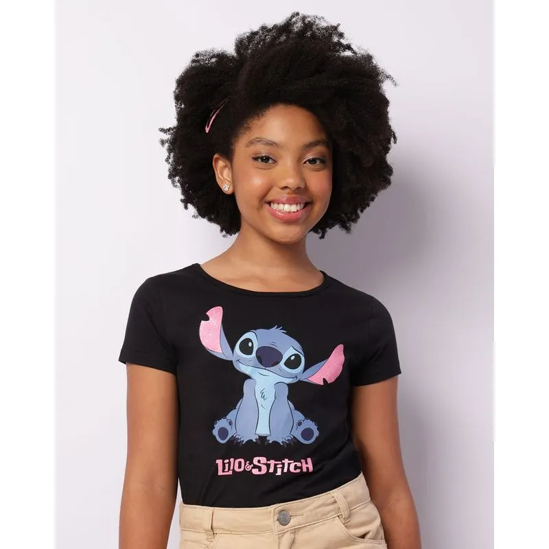 Camiseta Juvenil Stitch Disney Manga Curta Preta 12