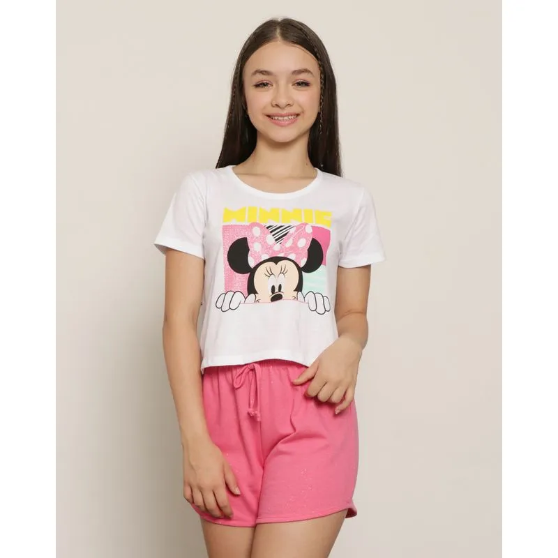 Camiseta Juvenil Menina Disney Minnie Estampa Frontal Cropped Branca 16