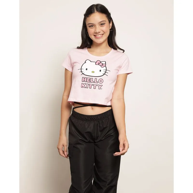 Camiseta Juvenil Cropped Sanrio Hello Kitty Com Estampa Rosa 12