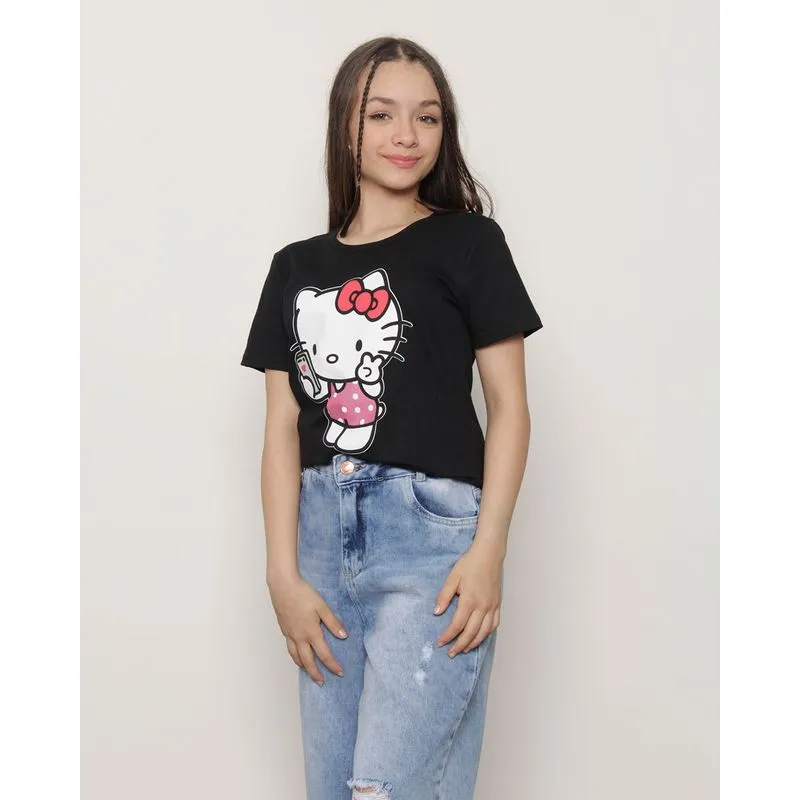 Camiseta Juvenil Manga Curta Estampa Hello Kitty Preta 16