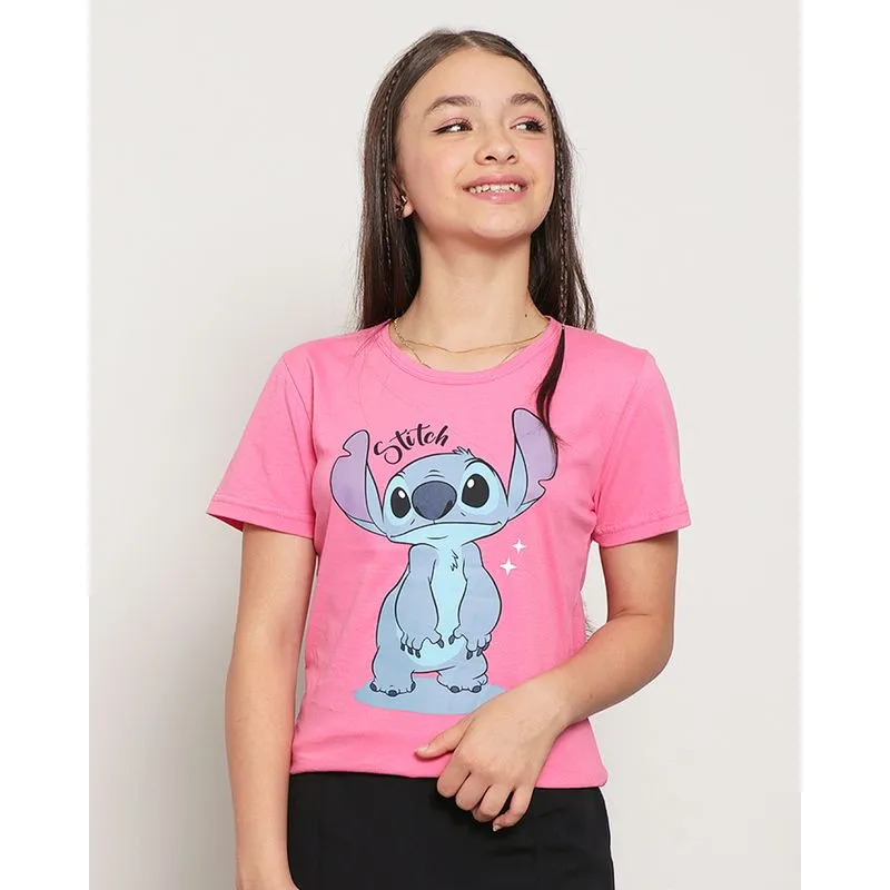 Camiseta Juvenil Menina Disney Stitch Estampa Manga Curta Rosa 12