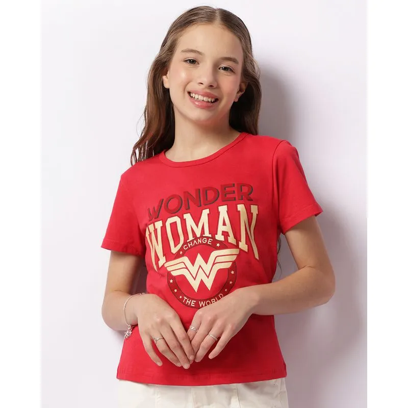 Camiseta Juvenil DC Comics Mulher Maravilha Manga Curta Vermelha 16