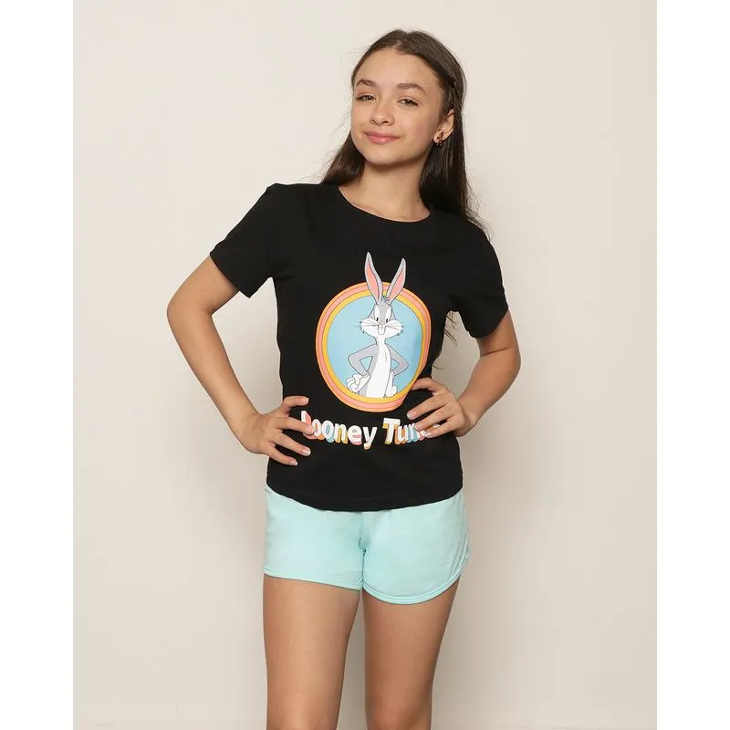 Camiseta Juvenil Menina Warner Pernalonga Estampa Manga Curta Preta 14