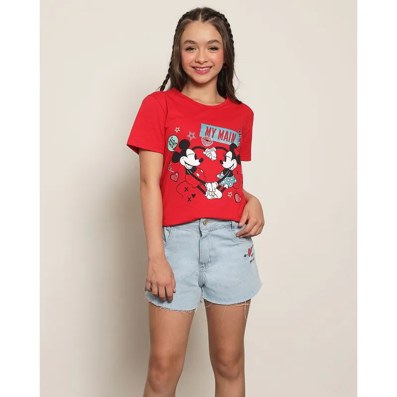 Camiseta Juvenil Disney Mickey e Minnie Manga Curta Vermelha 12