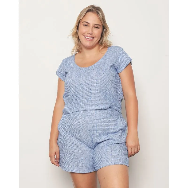 Blusa Plus Size Feminina Manga Curta Cropped Moletinho Azul G3