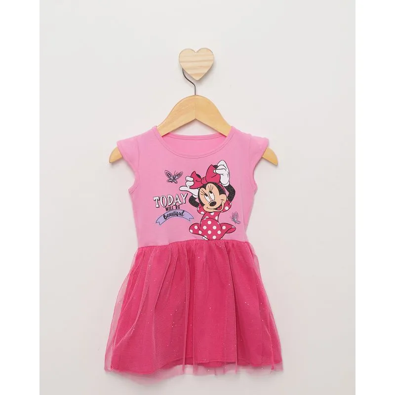 Vestido Bebê Disney Estampa Minnie Manga Curta Com Tule Em Glítter Rosa 2
