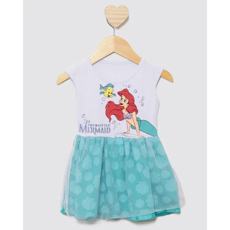 Vestido Bebê Curto Disney Estampa Ariel Com Sobreposição De Tule Branco 1