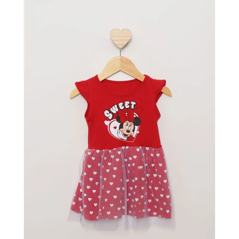 Vestido Bebê Disney Estampa Minnie Manga Curta Com Tule Vermelho 3