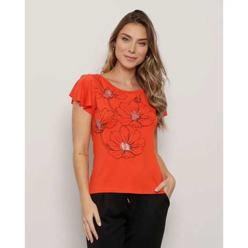 Blusa Feminina Estampa Floral Com Aplique Manga Curta Laranja M