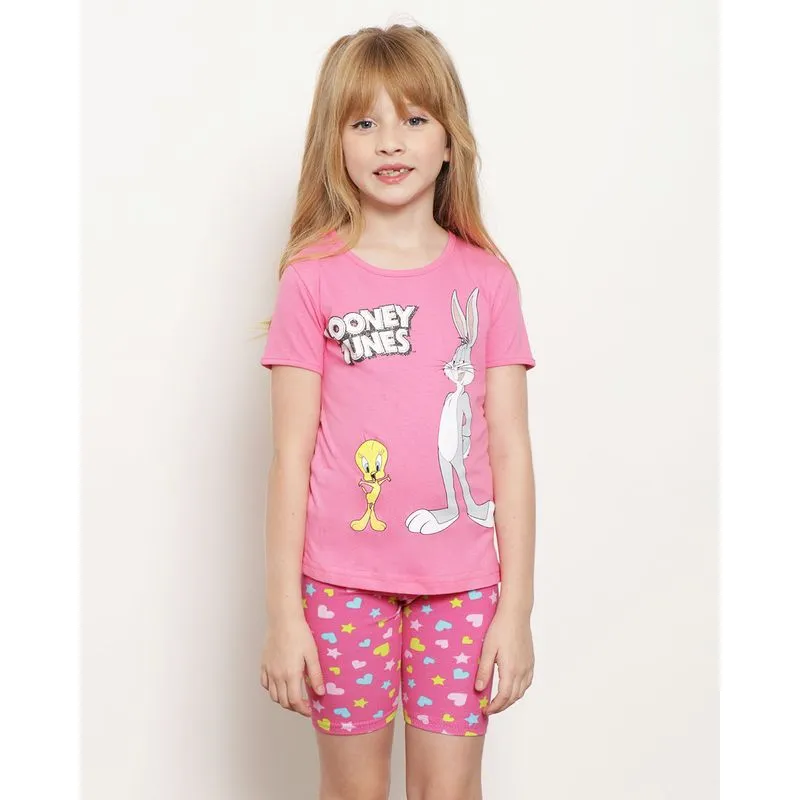 Blusa Infantil Estampa Pernalonga e Piupiu Manga Curta Lonney Tunes Rosa 10